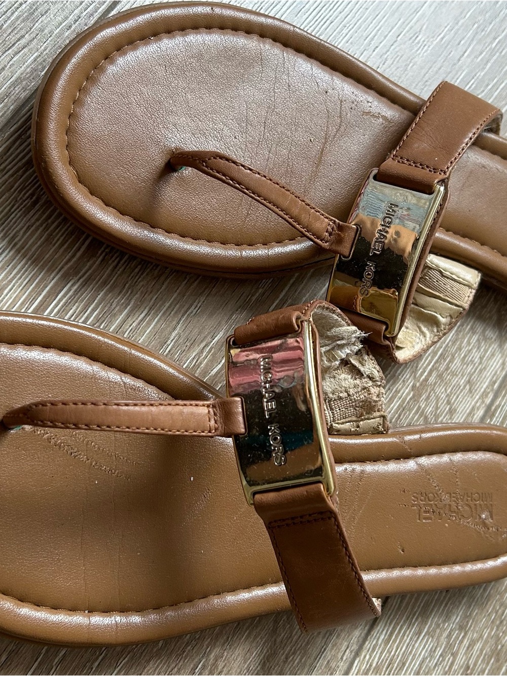 Michael Kors Tan Leather Thong Sandals with Gold Plate